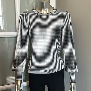 Cream and gray/green striped sweater, lightweight with sleeve detail, size xs